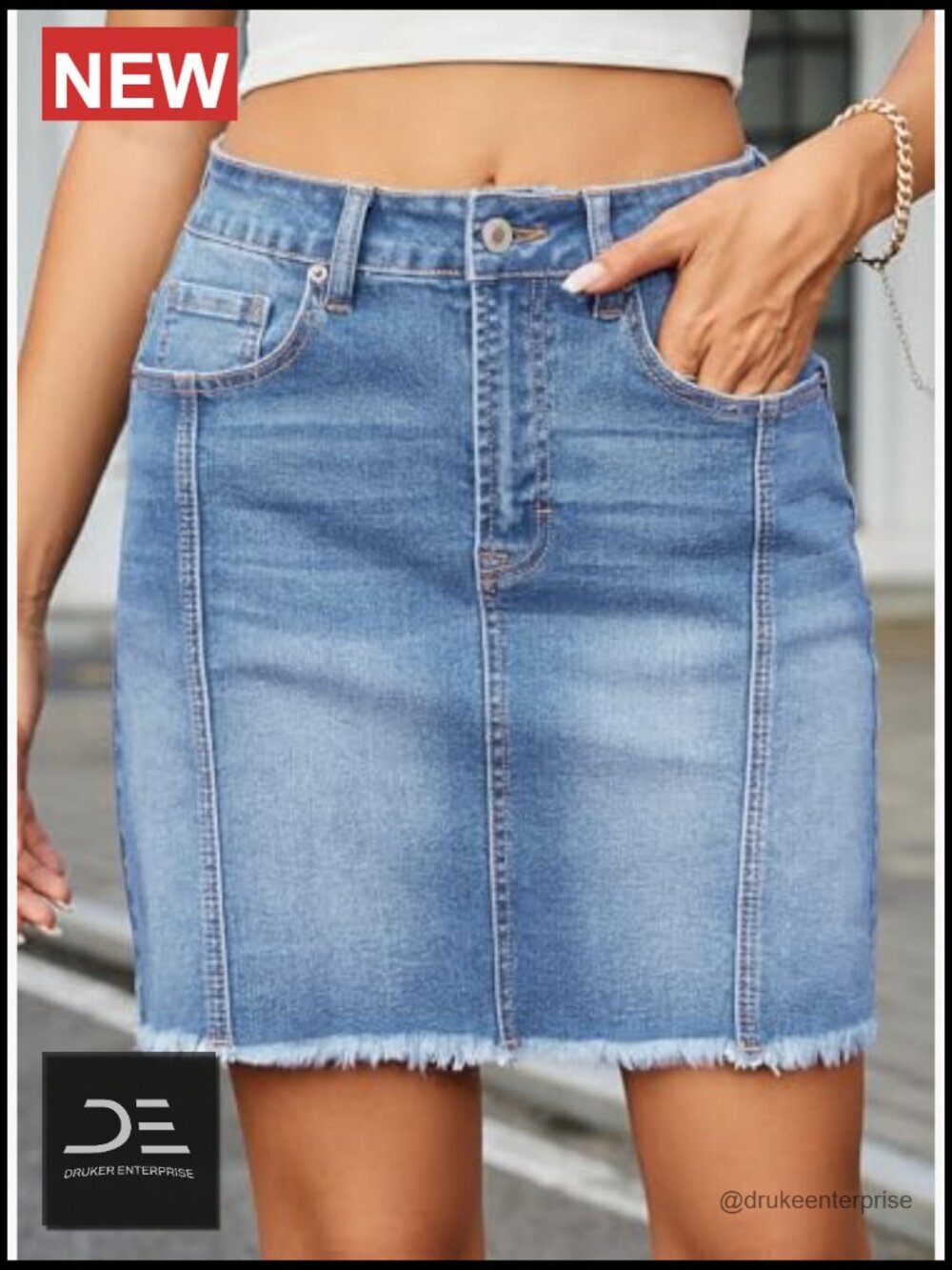 Stretch High Waist Raw Hem Zip Fly Denim Skirt - Picture 2 of 7